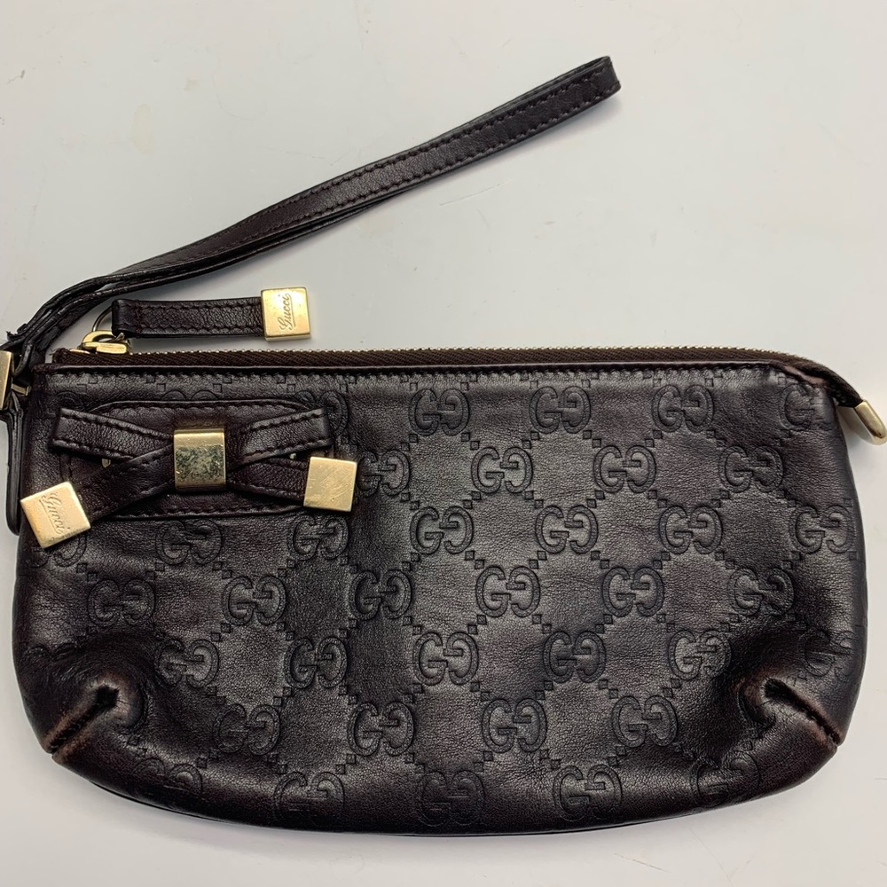 Gucci Brown Leather GG Monogram Wristlet Bag Excellent Condition